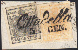 1850 - 5 Cent. Giallo Ocra, Stampa Povera, Giusto A Destra, 10 Cent. Grigio Nero, Carta A Mano, Perf... - Lombardy-Venetia