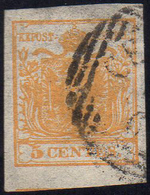 1850 - 5 Cent. Giallo Arancio (1g), Usato, Perfetto. Raybaudi.... - Lombardy-Venetia