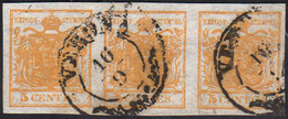 1850 - 5 Cent. Arancio Carico (1i), Striscia Di Tre, Perfetta, Usata A Verona 16/9. A.Diena, Ferrari... - Lombardo-Venetien