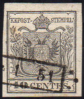 1850 - 10 Cent. Grigio Argenteo, I Tiratura (2a), Usato, Perfetto. Bello! Cert. Ferrario.... - Lombardije-Venetië