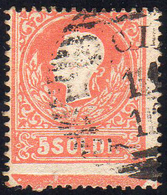 1858 - 5 Soldi Rosso, I Tipo (25), Ampio Principio Di Croce In Basso, Usato, Perfetto. Ferrario.... - Lombardo-Vénétie