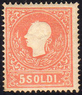 1859 - 5 Soldi Rosso, II Tipo (30), Gomma Originale, Perfetto. Enzo Diena.... - Lombardo-Vénétie