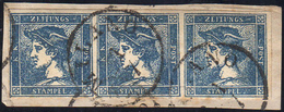 1851 - 3 Cent. Mercurio Azzurro, I Tipo (1), Striscia Di Tre, Perfetta, Usata A Milano 1/7 Su Piccol... - Lombardo-Vénétie