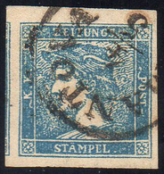 1855 - 3 Cent. Mercurio Azzurro, III Tipo (3), Perfetto, Usato A Mantova 4/5. Bello.... - Lombardije-Venetië