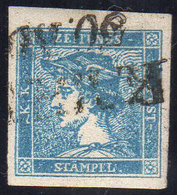 1855 - 3 Cent. Mercurio Azzurro, III Tipo (3), Usato, Perfetto. Raybaudi.... - Lombardije-Venetië