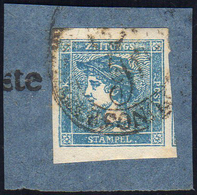 1855 - 3 Cent. Mercurio Azzurro, III Tipo (3), Usato Su Piccolo Frammento, Perfetto E Ben Marginato.... - Lombardy-Venetia