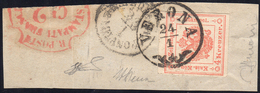 1858 - 4 Kr. Rosso Smorto (4), Perfetto, Su Ampio Frammento Di Giornale Da Torino, Bollo 2 Cent. "St... - Lombardije-Venetië