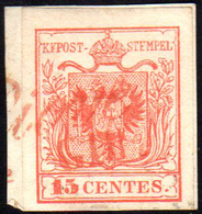 PIOVE, Cor. Rosso - 15 Cent., I Tiratura (3a), Perfetto, Usato Nel Giugno 1850. Cert. Vaccari.... - Lombardo-Vénétie