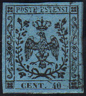 1852 - 40 Cent. Celeste (5), Usato, Annullo Leggero, Perfetto. Bello! Emilio Diena, Cert. Ferrario.... - Modena