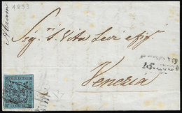 1853 - 40 Cent. Celeste (5), Perfetto, Isolato Su Lettera Da Reggio 15/7/1853 A Venezia. Rara. Emili... - Modena