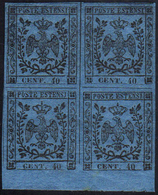 1852 - 40 Cent. Azzurro Scuro, I Emissione (6), Blocco Di Quattro Bordo Di Foglio In Basso, Gomma Or... - Modène