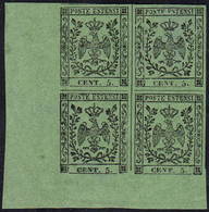 1855 - 5 Cent. Verde Oliva (8), Blocco Di Quattro Angolo Di Foglio, Gomma Originale Integra, Perfett... - Modène