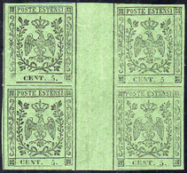 1855 - 5 Cent. Verde Oliva, Blocco Di Quattro Con Interspazio Verticale (8), Gomma Originale Integra... - Modena