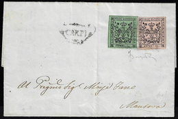 1857 - 5 Cent. Verde Oliva, 10 Cent. Rosa, I Emissione (8,2), Perfetti, Su Lettera Da Carpi 6/6/1857... - Modène