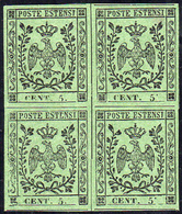 1855 - 5 Cent. Verde Oliva, Blocco Di Quattro Con I Due Esemplari Di Destra Con Varietà Punto In Alt... - Modena