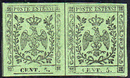 1855 - 5 Cent. Verde Oliva, Coppia Orizzontale Con Un Esemplare Con Varietà Punto Grosso Dopo Il 5, ... - Modena