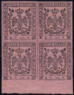 1853 - 9 Cent. Lettere B.G. Piccole (2), Blocco Di Quattro Bordo Di Foglio, Gomma Originale, Integra... - Modena