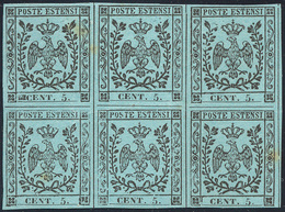 1852 - 5 Cent. Celeste Chiaro (P22), Blocco Di Sei Esemplari, Uno Con Bella Varietà Tipografica, Sen... - Modène