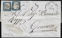 1859 - 20 Cent. Azzurro Scuro (Sardegna 15B), Due Esemplari, Perfetti, Su Lettera Da Carrara 9/7/185... - Modena