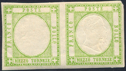 1861 - 1/2 Tornese Verde Giallo Chiaro, Coppia Orizzontale Con Un Esemplare Senza Effigie (17a/l), G... - Nápoles