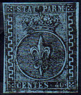 1852 - 40 Cent. Azzurro (5), Usato, Perfetto. A.Diena.... - Parma