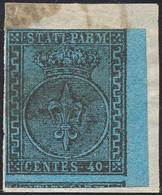 1852 - 40 Cent. Azzurro Chiaro (5a), Bordo Di Foglio A Destra, Perfetto, Usato Su Piccolo Frammento.... - Parma