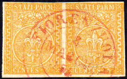 1853 - 5 Cent. Giallo Arancio (6), Coppia, Perfetta, Usata A Fiorenzuola 2/5/1854. A.Diena, Fiecchi.... - Parma