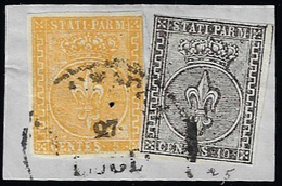 1853 - 5 Cent. Giallo Arancio, 10 Cent. Bianco (6,2), Ottimo Stato, Usati Su Piccolo Frammento A Pia... - Parma