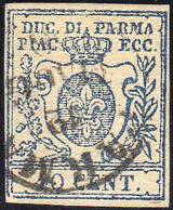 1857 - 40 Cent. Azzurro Scuro, Zero Largo (11a), Usato, Perfetto. A. Diena.... - Parma