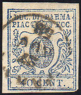 1857 - 40 Cent. Azzurro Scuro, Zero Largo (11a), Usato, Perfetto. Emilio Ed Enzo Diena.... - Parma