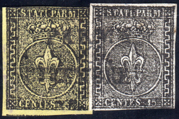 1855 - 15 Cent. Nero Su Carta Bianca, Prova Di Stampa, In Affrancatura Mista Con 5 Cent. Giallo Chia... - Parma