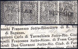 1855 - 15 Cent. Nero Su Bianco, Prove Di Stampa, Stampa Al Verso (P3), Striscia Orizzontale Di Quatt... - Parma