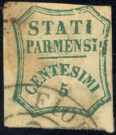 1859 - 5 Cent. Verde Azzurro, I Composizione (12), Usato, Difettoso. Cert. Diena.... - Parma