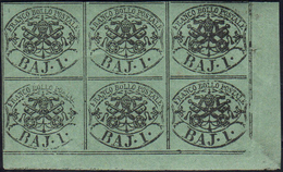 1858 - 1 Baj Verde Scuro, I Composizione (2A), Blocco Di Sei, Angolo Di Foglio, Gomma Originale, Int... - Estados Pontificados