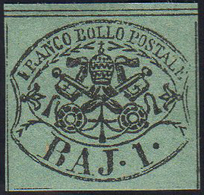 1858 - 1 Baj Verde Scuro, I Composizione (2A), Gomma Originale, Perfetto. A.Diena. Ex Coll. Andreott... - Estados Pontificados