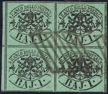 1858 - 1 Baj Verde Scuro, I Composizione (2A), Blocco Di Quattro, Usato, Perfetto. Splendido E Raro!... - Papal States