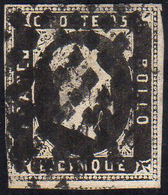 1851 - 5 Cent. Nero, I Riporto (1), Usato, Leggermente A Filo A Sinistra, Perfetto. Ferrario.... - Sardinia