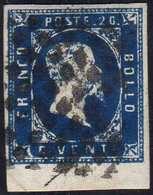 1851 - 20 Cent. Azzurro Scuro (2b), Bordo Di Foglio, Usato, Perfetto. Bello! G.Oliva.... - Sardinia