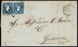 1852 - 20 Cent. Azzurro Vivo (2d), Coppia, Ottimo Stato, Su Lettera Da Torino 25/11/1852 A Genova. C... - Sardinia