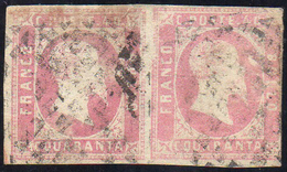 1852 - 40 Cent. Rosa (3), Coppia, Usata, Difettosa. Rara, Occasione.... - Sardinia