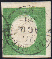 1854 - 5 Cent. Verde Giallo (7), Angolo Di Foglio, Usato, Perfetto. Bellissimo! Ferrario.... - Sardinia