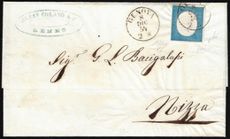 1854 - 20 Cent. Celeste (8a), Perfetto, Su Sovracoperta Di Lettera Da Genova 8/12/1854 A Nizza. Raro... - Sardinia