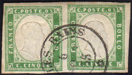 1855 - 5 Cent. Verde Pisello (13c), Coppia Orizzontale, Perfetta, Usata Ad Aix Les Bains 6/8/1855. R... - Sardinia