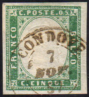 1855 - 5 Cent. Verde Smeraldo (13d), Perfetto, Usato A Condove 7/11/1857, Punti 7. G.Bolaffi.... - Sardinia