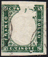 1857 - 5 Cent. Verde Mirto (13A), Eccezionale Falla Di Stampa, Perfetto, Usato. Splendida Varietà! G... - Sardinia