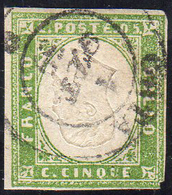 1859 - 5 Cent. Verde Giallo, EFFIGIE CAPOVOLTA (13Ba), Usato Ad Orta, Leggermente Difettoso Nell'ang... - Sardinia