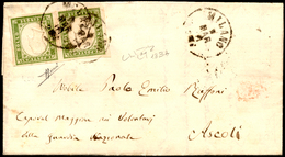 1861 - 5 Cent. Verde Oliva Chiaro (13Bb), Coppia Perfetta Su Lettera Da Milano 9/3/1861 Per Ascoli, ... - Sardinia