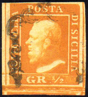 1859 - 1/2 Grano Arancio Scuro, I Tavola, Carta Di Napoli (1e), Pos. 94, Usato, Perfetto E Con Tre M... - Sicilia