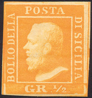 1859 - 1/2 Grano Arancio, II Tavola, Carta Di Palermo (2), Gomma Originale, Perfetto. A.Diena, G.Oli... - Sicilia