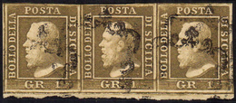 1859 - 1 Grano Bruno Oliva Chiaro, II Tavola, Carta Di Napoli (4c), Striscia Di Tre Usata, Bordo Di ... - Sicilia